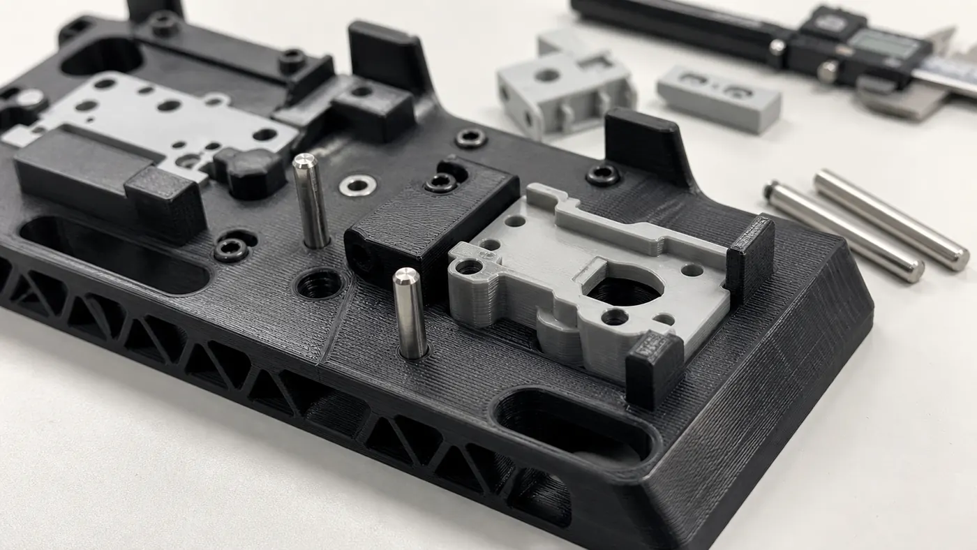 Close-up of a 3D printed fixture with locating pins, ribs, and seated sample parts