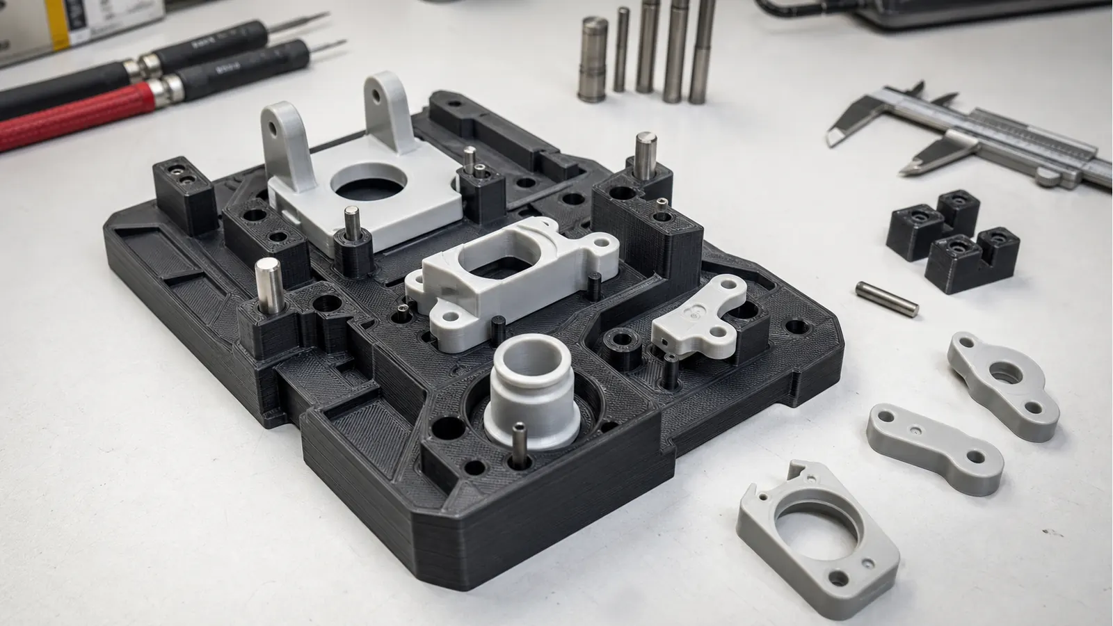 Dark 3D printed assembly fixture with locating pins and sample parts