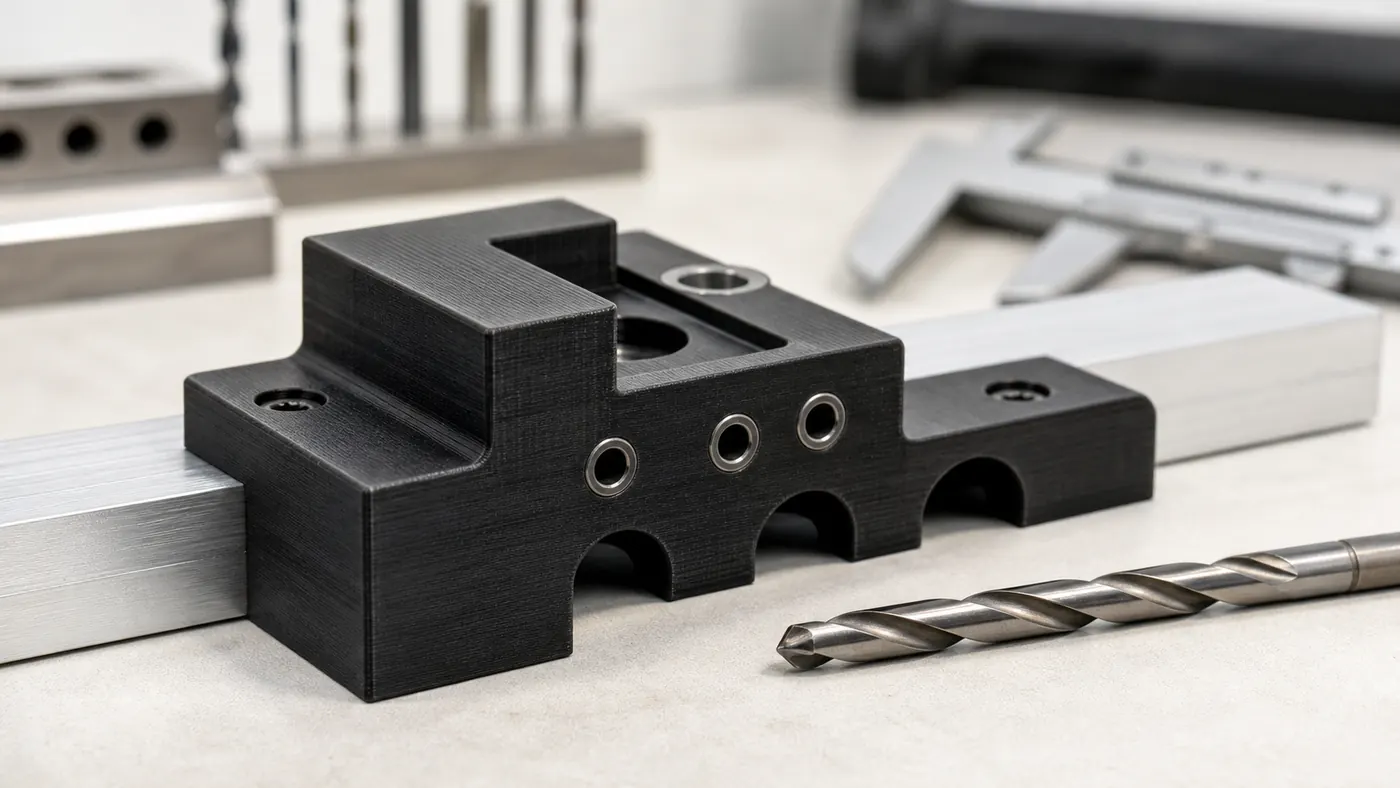 Close-up of a black 3D printed drill jig with guide holes and relief pockets