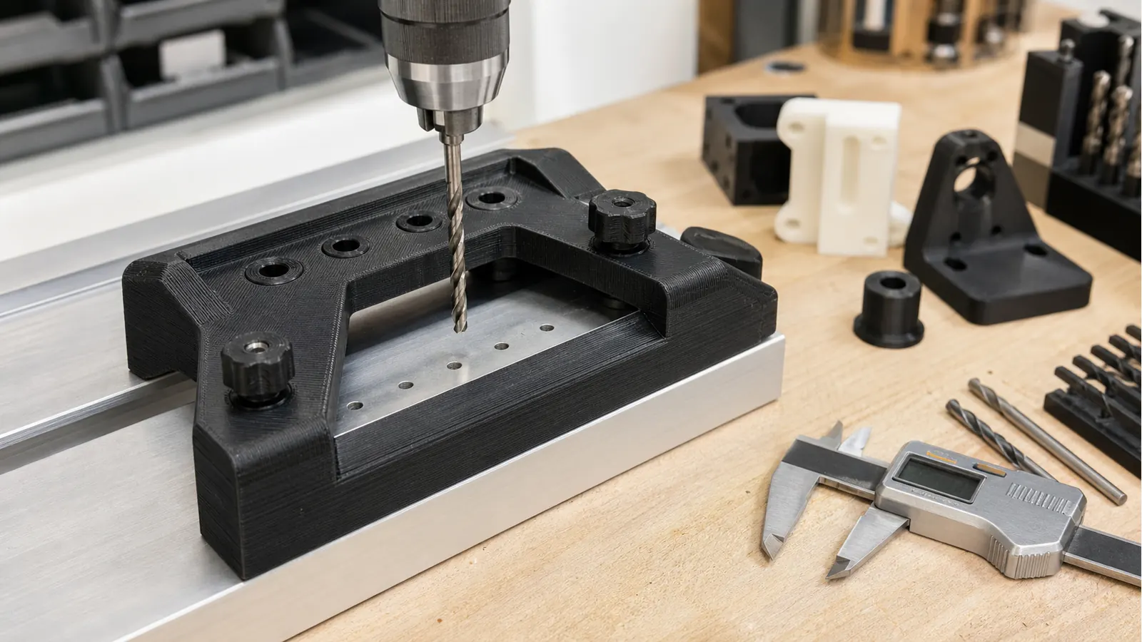 Black 3D printed drill jig locating holes on a clean workbench