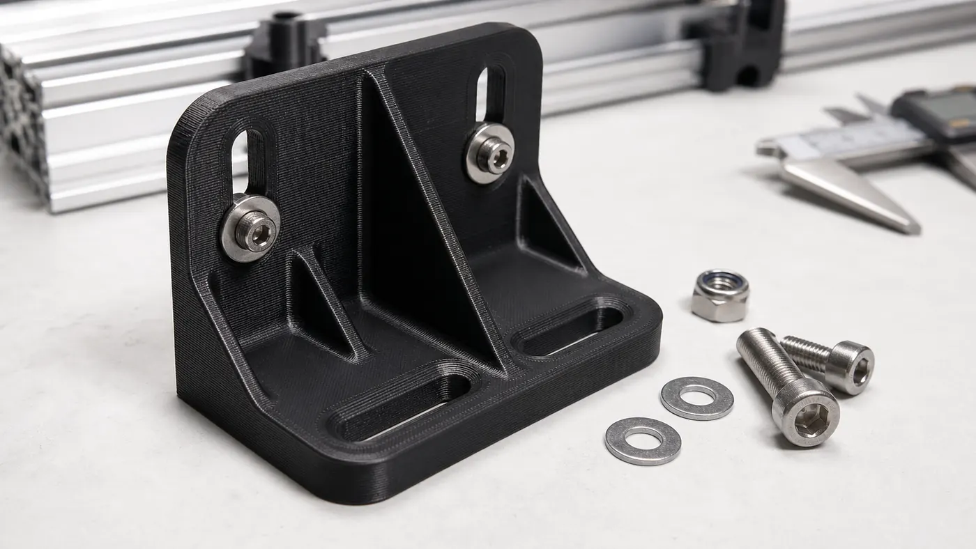 Close-up of a black 3D printed bracket with ribs, fillets, slotted holes, and fasteners