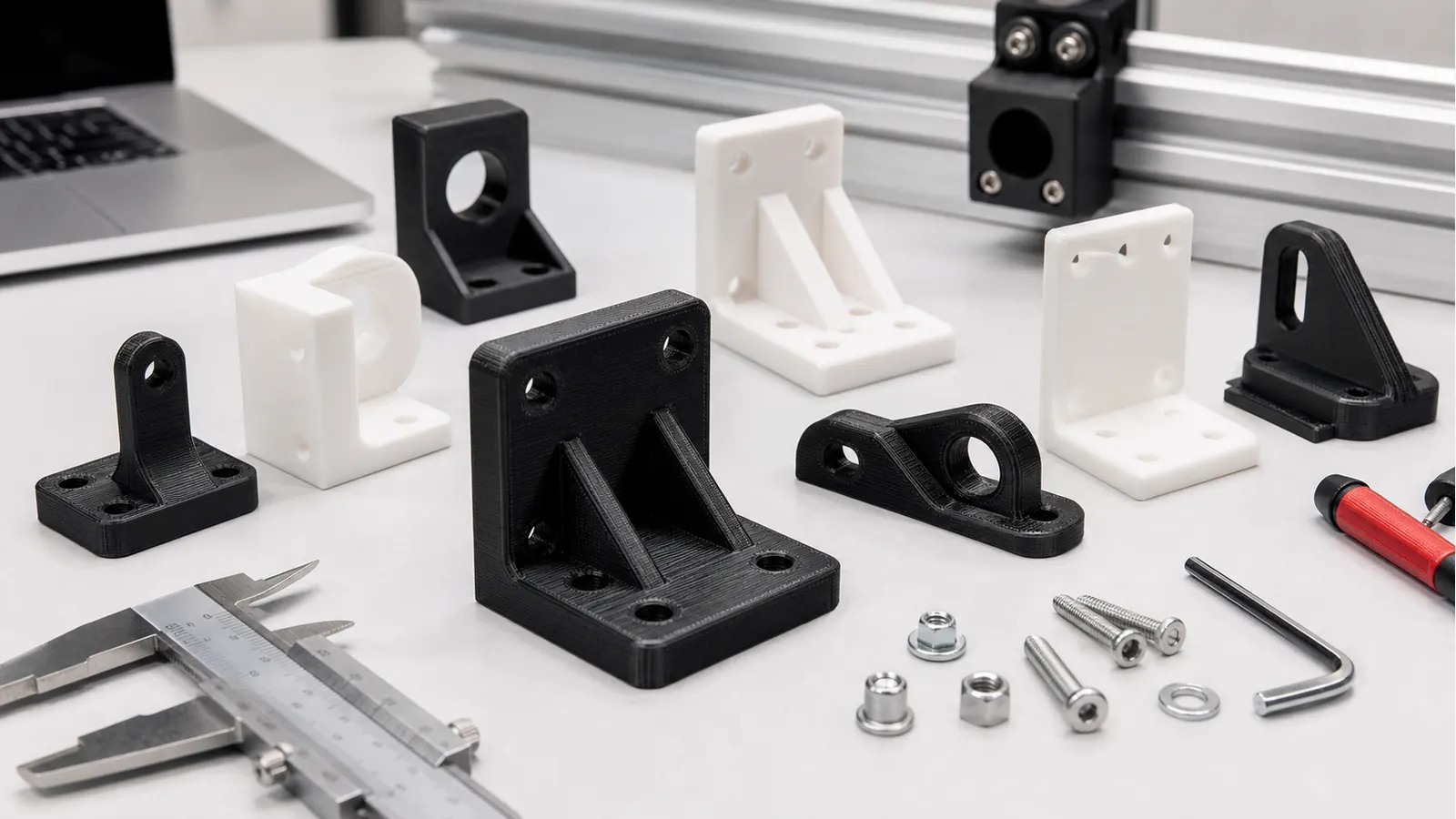 Assorted black and white 3D printed brackets and mounts on a clean engineering bench