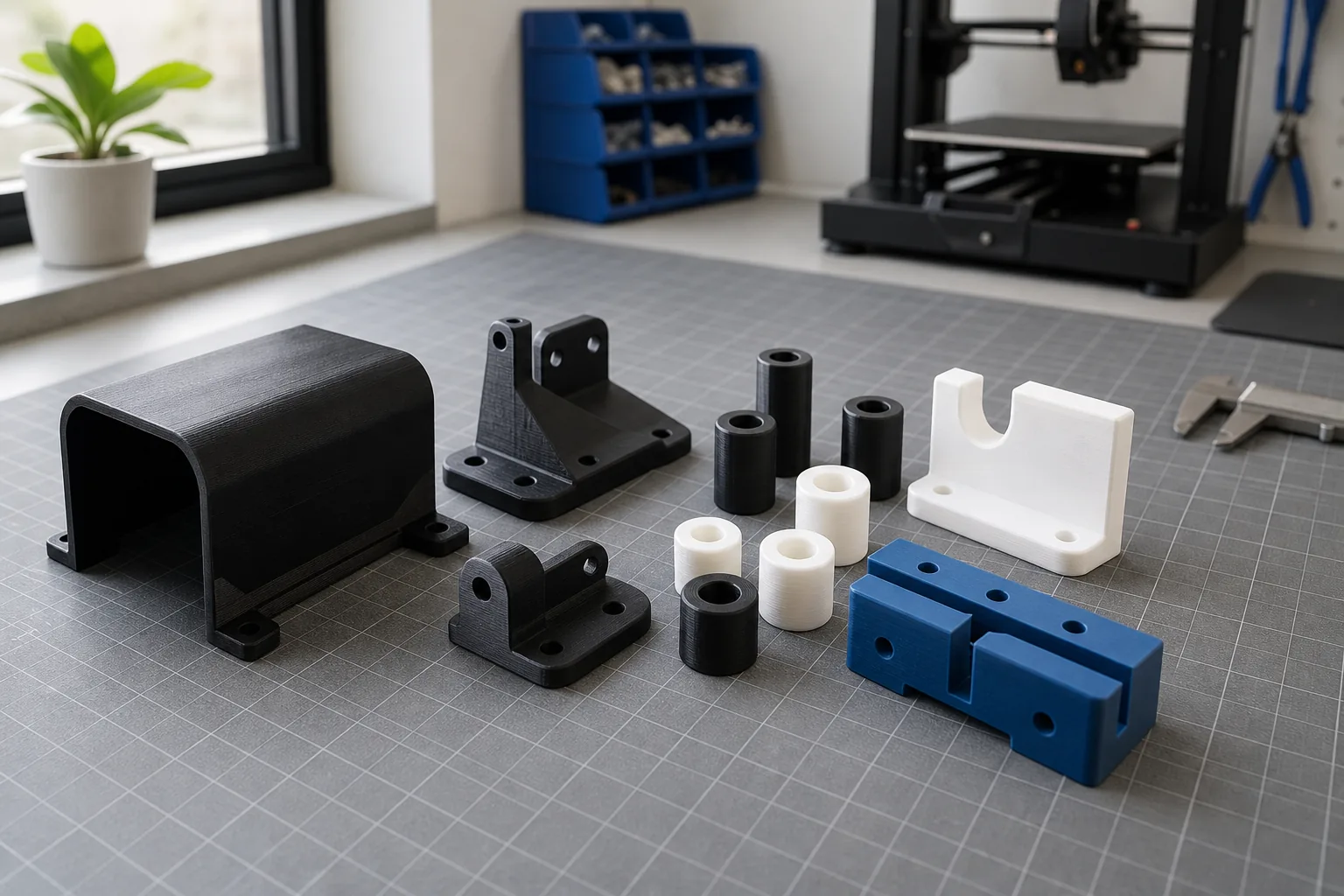 Assorted black, white, and blue custom 3D printed plastic parts on a clean workbench near a desktop 3D printer