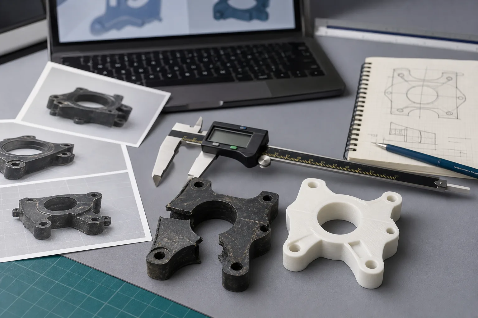 Broken plastic sample, printed reference photos, calipers, sketch notebook, laptop CAD view, and a new white 3D printed replacement part