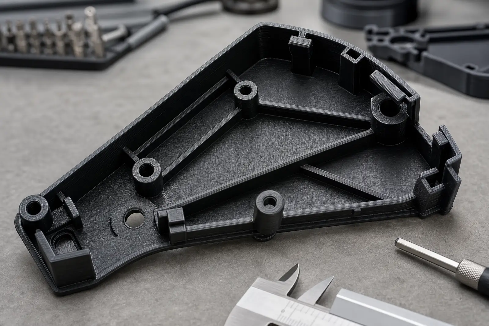 Underside of a black 3D printed replacement cover showing screw bosses, ribs, tabs, clips, and mounting holes