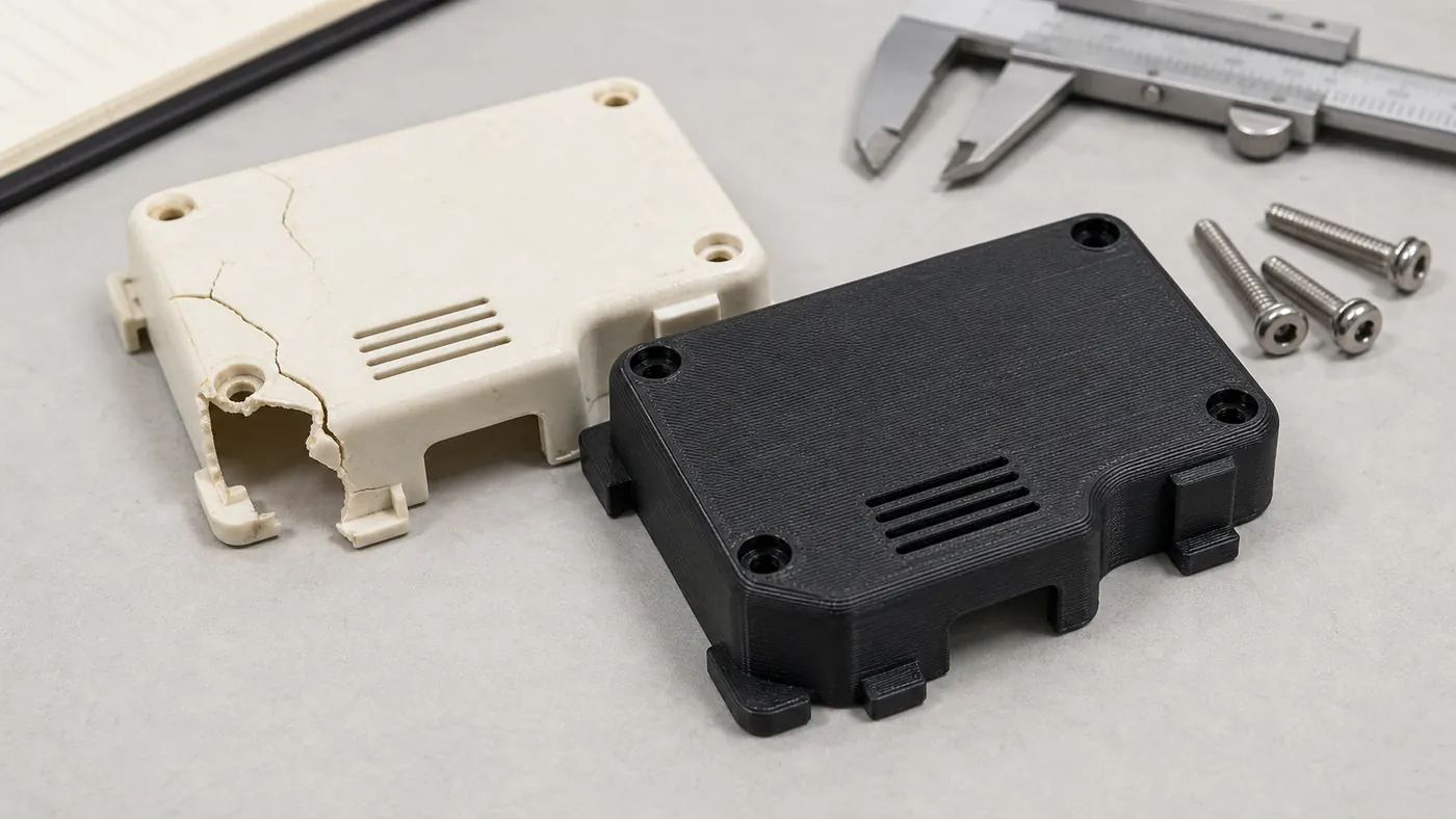 Cracked original plastic cover beside a black 3D printed replacement cover with matching screw holes and tabs