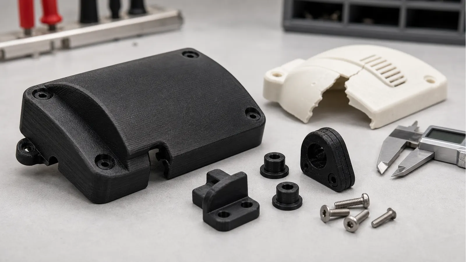 Black 3D printed replacement cover, spacers, clips, screws, calipers, and a broken original plastic cover on a clean workbench