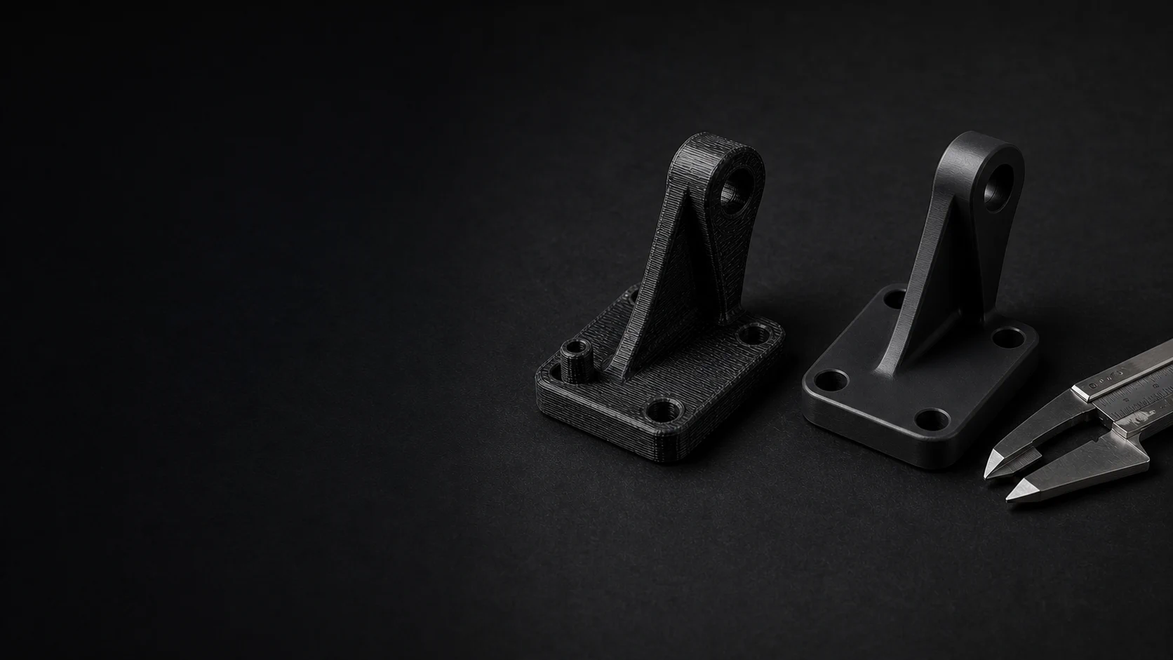 Rough and refined black FDM prototype brackets beside a metal caliper